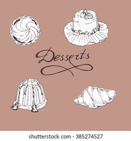 Set of desserts on pastel beige background. Cartoon sketch drawn by ink. Hand drawn vector illustration.