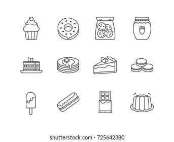 Set of desserts, pastry and bakery related line.icons set with jelly, chocolate bar, popsicle, eclair, macaroons, cheesecake, pancakes, tiramisu, muffin, donut, cooked, jam.