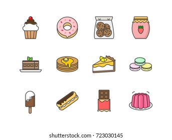 Set of desserts, pastry colored flat line icons with cupcake, donut, cookies pack, jam jar, tiramisu, pancakes, lemon cheesecake, macaroons, chocolate bar, Popsicle, jelly, eclair.