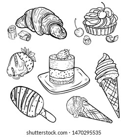 Set of desserts in the style of doodle, cake, croissant, ice cream, cherry pie, cream dessert. Design elements for menu, restaurant, cafe, bakery.