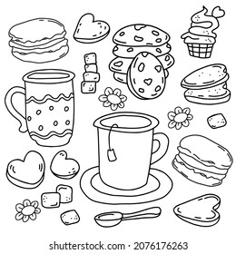 Set of desserts in style of handmade linear doodles. cup of tea, Macaroon cookies, almond and shortbread biscuits, muffin and refined sugar. Vector illustration. isolated outline drawing.