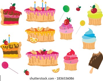 Set of desserts: sweet cakes, cupcakes with cream and berries, chocolate ice-cream.