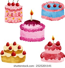 Set of desserts: sweet cakes, cupcakes with cream and berries, chocolate ice-cream. Birthday Cakes. Slice Cake.