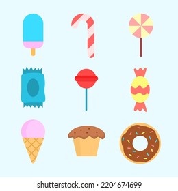 Set of desserts. sweet food. Ice cream, donuts, muffins, candies icon. cartoon vector illustration.
