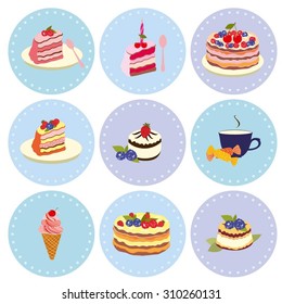 Set of desserts Sweets, pastry, chocolate, cake, cupcake, ice cream, Dessert vector illustration of different cakes, dessert of pastries. Dessert cake vector color collection.