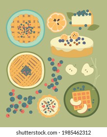 Set of desserts. Traditional American pies with fresh berries. Tasty cake decorated with lemon wedges and white icing. Waffle with slice of apple on plate. Top view almond cupcake. Flat cartoon style.