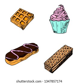 Set of desserts. Vector cartoon illustrations. Isolated objects on a white background. Hand-drawn style.