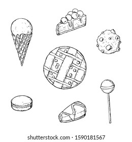 Set of desserts. Vector cartoon illustrations. Isolated objects on a white background. Hand-drawn style.