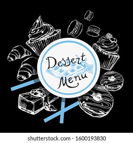 A set of desserts. Vector illustration. Cakes, cookies, pastries, muffin, waffles, donuts, croissant, macaroon on a black background. Food vintage style.