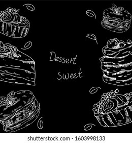 A set of desserts. Vector illustration Cakes, cookies, pastries, cheesecake, pancakes, raspberries, strawberries, cream and more on a black background. Food in vintage style.