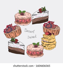 A set of desserts. Vector illustration Cakes, cookies, pastries, cheesecake, pancakes, raspberries, strawberries, cream and more.