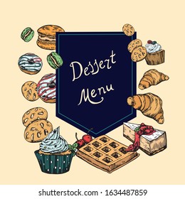 A set of desserts. Vector illustration. Cakes, cookies, pastries, muffin, waffles, donuts, croissant, macaroon.