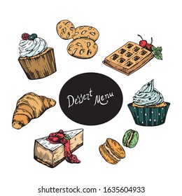 A set of desserts. Vector illustration. Cakes, cookies, pastries, muffin, waffles, donuts, croissant, macaroon on a white background.
