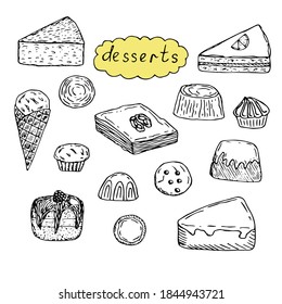 Desserts, Vektorgrafik, Biskuchen, Kuchen, Eis, Gelee, Cupcakes, Cookies, Baklava, handgezeichnet