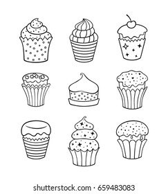 Set of desserts. Vector line icons.