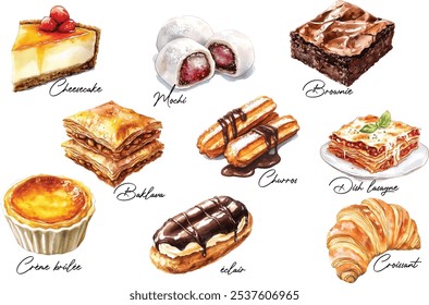 Set of desserts watercolor illustration. Hand-painted mochi, cheesecake, éclair, lasagne, croissant, crème brûlée, churros, brownie, and baklava, isolated on white background