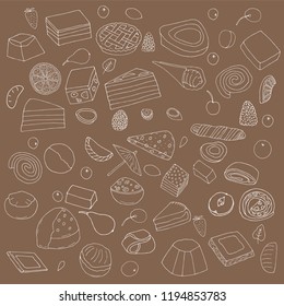 Set of desserts.Cakes, sweet rolls and pies, biscuits and berries.hand drawn vector illustration.doodles or cartoon style.