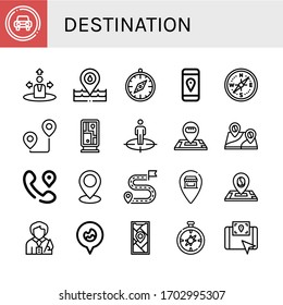 Conjunto de iconos de destino. Tales como Señal de tráfico, Navegación, Marcador de posición, brújula, Gps, Ruta, Guía, Posición, Ubicación, Destino, Pin, Guía de turismo, Ubicación de incendio, iconos de destino