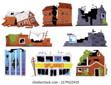 Set of destroyed buildings, different houses and supermarket flat style, vector illustration isolated on white background. Consequences of war or natural disaster, design elements collection