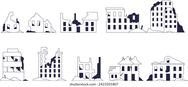 Set of destroyed buildings and houses. Ruins of the city.