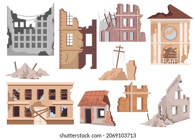 Set Destroyed City Buildings, Post-apocalyptic War Destruction, Abandoned Town Infrastructure. Natural Disaster or Cataclysm World Ruins, Isolated Broken House Dwellings. Cartoon Vector Illustration