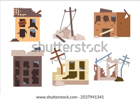 Set Destroyed City Buildings, Post-apocalyptic War Destruction, Abandoned Town Infrastructure. Natural Disaster or Cataclysm World Ruins, Isolated Broken House Dwellings. Cartoon Vector Illustration