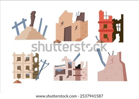 Set Destroyed City Buildings, Post-apocalyptic War Destruction, Abandoned Town Infrastructure. Natural Disaster or Cataclysm World Ruins, Isolated Broken House Dwellings. Cartoon Vector Illustration