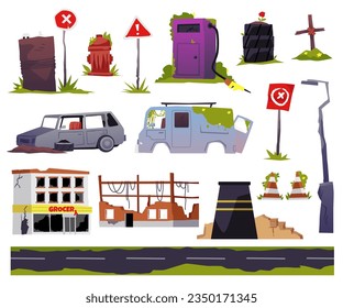 Set of destruction, natural disaster or cataclysm, post-apocalyptic view. Cartoon vector isolated illustrations of destroyed grocery, broken ruined road, car, abandoned city and industral buildings