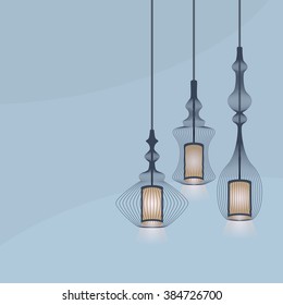 Set of detail hanging lanterns light chandeliers on blue background with copy space for your text