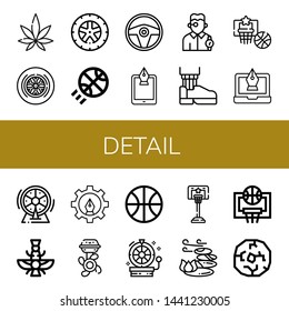 Set of detail icons such as Weed, Wheel, Basketball, Steering wheel, Fountain pen, Watchmaker, Leather shoe, Faravahar, Boat engine, Stones , detail