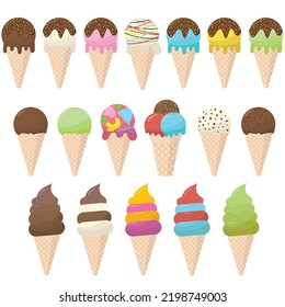 Set of detail several ice cream cone collection different topping and style, front view, vector illustration, design for icream cafe decoration, delivery box and web developer. 