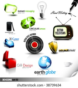 Set of detailed 3D vector Icons - Retro television, Vinyl Record, Gift, Chat, Cursor and other elements