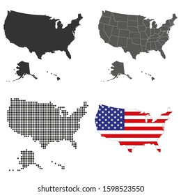 A set of detailed accurate vector maps of USA. Detailed map, with regional borders, a map of round points and a map in the colors of the flag.