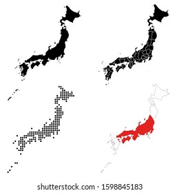 A set of detailed accurate vector maps of Japan. Detailed map, with regional borders, a map of round points and a map in the colors of the flag.