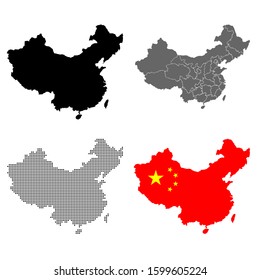 A set of detailed accurate vector maps of China. Detailed map, with regional borders, a map of round points and a map in the colors of the flag.