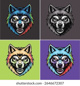 Conjunto de ilustrações detalhadas do vetor da cabeça do lobo irritado, projeto de mascote animal feroz para impressões de t-shirt e logotipos de esports