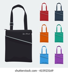 Set of Detailed Bag with front pocket and zip flat and solid color design. Fabric tablet bag or sport bag for corporate identity and promo gift.