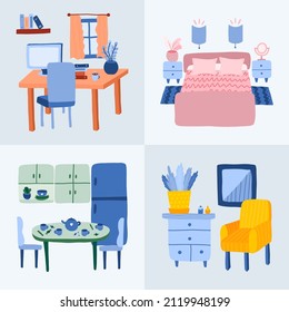 Set of detailed bedroom, kitchen, living room, workplace interior in cartoon style. Rooms with furniture, cute decor in trendy colors. Cartoon hand drawn illustration. Cozy domestic apartment inside.