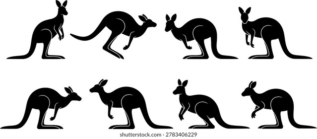 A set of detailed black kangaroo silhouettes showcasing various jumping and standing postures.