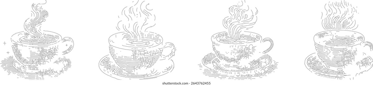 Set of detailed black outline line draw vector designs of teacup with steam, hand-drawn style, minimalist beverage illustration