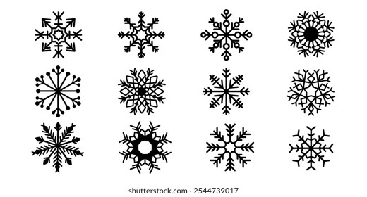 Set of detailed black snowflake icons in various shapes and styles. Winter and seasonal symbols for design use.