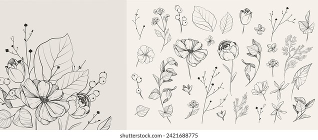 Set of detailed black and white drawing various flowers and leaves. Luxury floral collection for wedding invitation, wallpaper art or save the date card