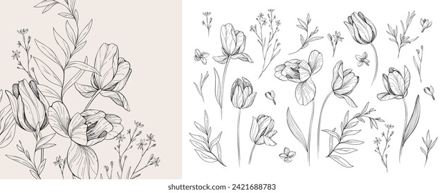 Set of detailed black and white drawing various flowers and leaves. Luxury floral collection for wedding invitation, wallpaper art or save the date card