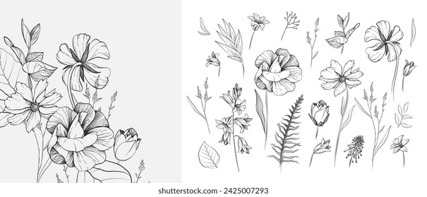 Set of detailed black and white drawing various flowers and leaves. Luxury floral collection for wedding invitation, wallpaper art or save the date card