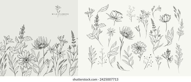 Set of detailed black and white drawing various flowers and leaves. Luxury floral collection for wedding invitation, wallpaper art or save the date card