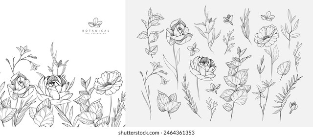 Set von detaillierten Schwarz-Weiß-Zeichnung verschiedene Blumen und Blätter. Luxuriöse florale Kollektion für Hochzeitseinladung, Bildschirmhintergrund speichern-Kunst oder die Date-Card. Botanische Vektorgrafik