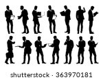 Set of detailed businessman in suit silhouettes using holding various business objects. Easy editable layered vector illustration