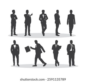 Set of detailed businessman in suit silhouettes using holding various business objects. Easy editable layered vector illustration