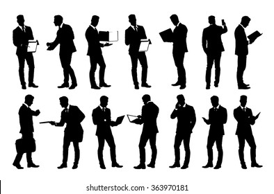 Set of detailed businessman in suit silhouettes using holding various business objects. Easy editable layered vector illustration
