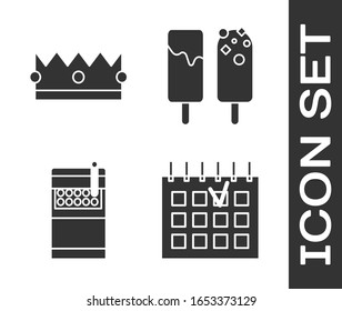 Set Detailed calendar , Crown , Open cigarettes pack box  and Ice cream  icon. Vector